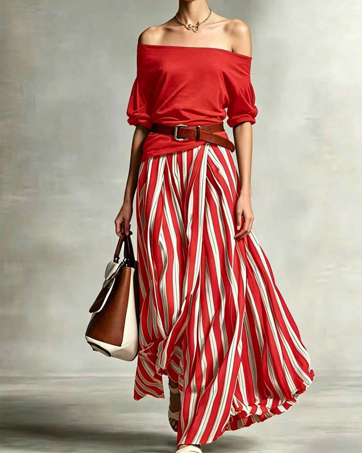 MADISON | Gestreept maxi-rokset met off-shoulder top