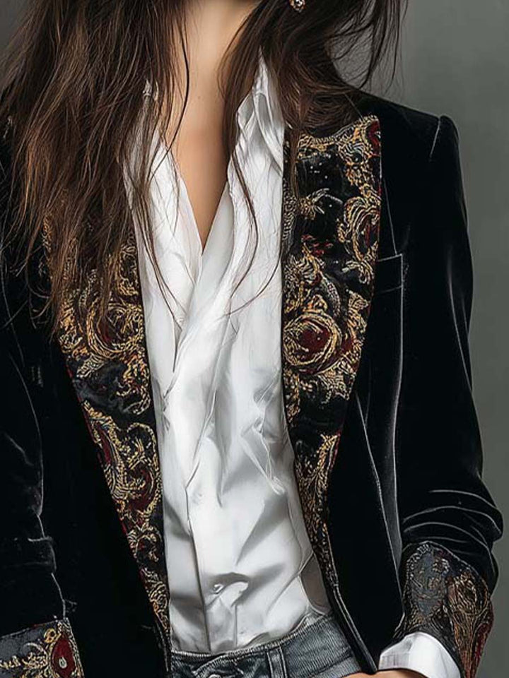 Dames Zwarte Blazer met Barokprint en Revers, Slim Fit