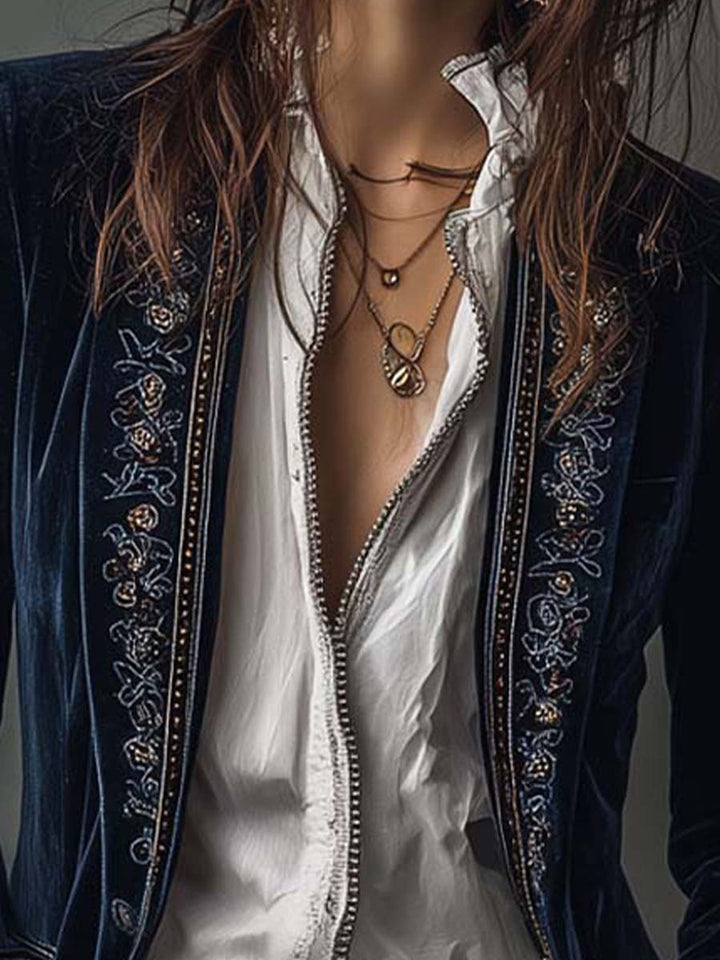 Dames vintage marineblauwe geborduurde lange jas