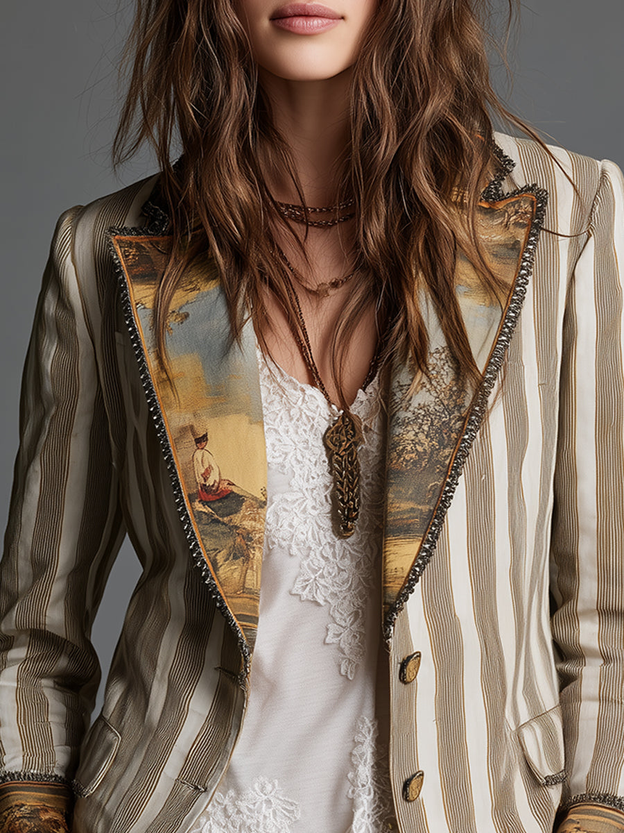 Boho Gestreepte Gebloemde Revers Blazer voor Dames