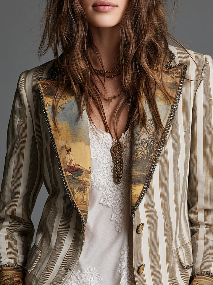 Boho Gestreepte Gebloemde Revers Blazer voor Dames
