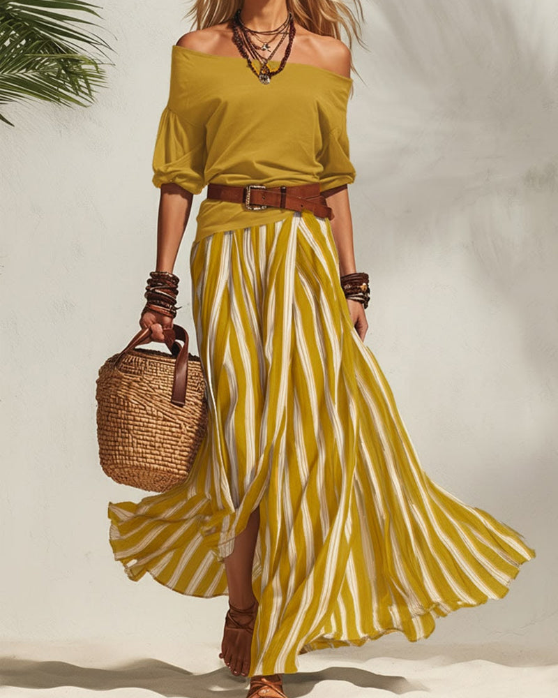 MADISON | Gestreept maxi-rokset met off-shoulder top