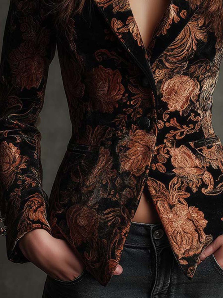 Zwarte Blazer met Bronzen Bloemenprint voor Dames