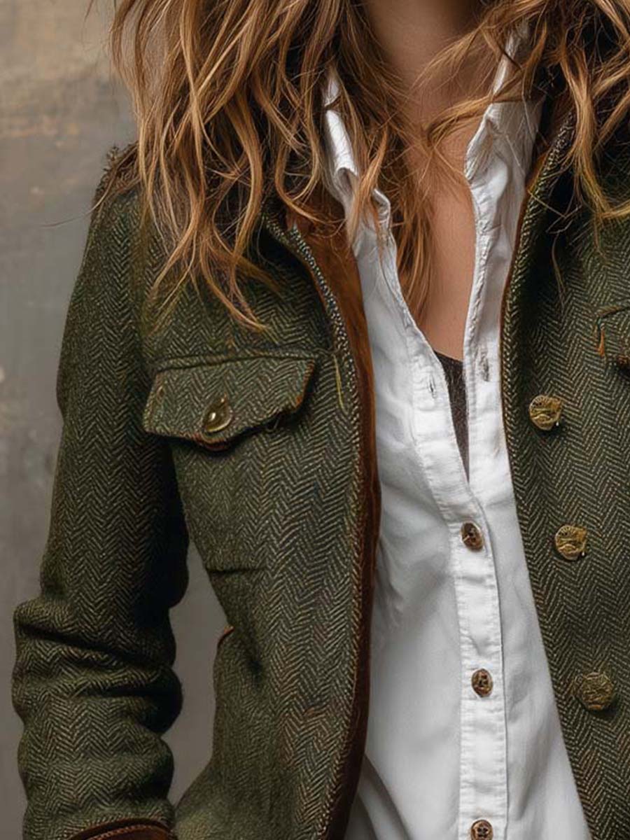 Dames Vintage Visgraat Blazer met Contrasterende Bies