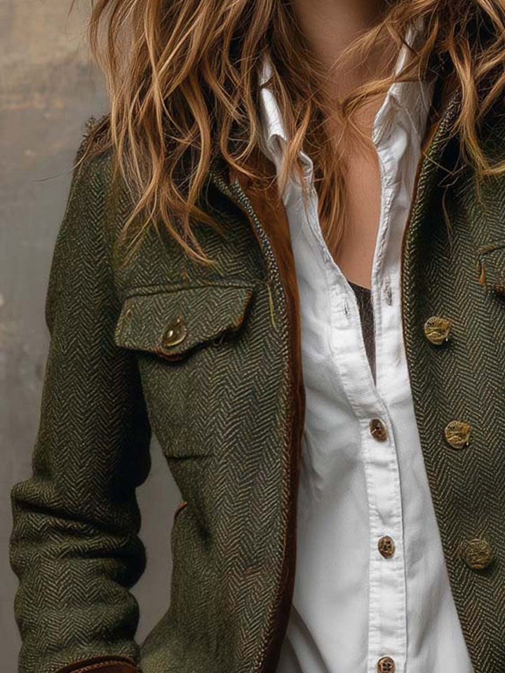 Dames Vintage Visgraat Blazer met Contrasterende Bies