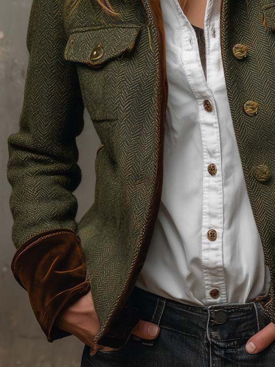 Dames Vintage Visgraat Blazer met Contrasterende Bies