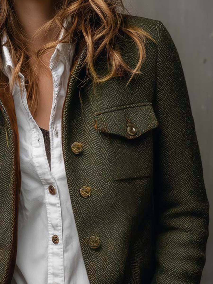 Dames Vintage Visgraat Blazer met Contrasterende Bies