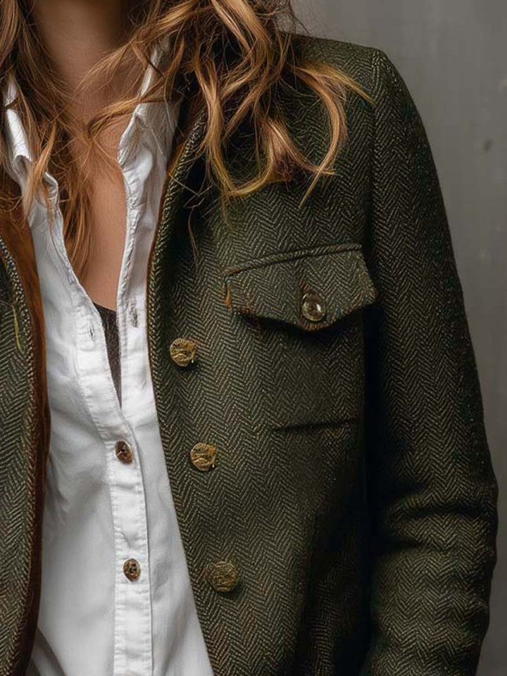 Dames Vintage Visgraat Blazer met Contrasterende Bies