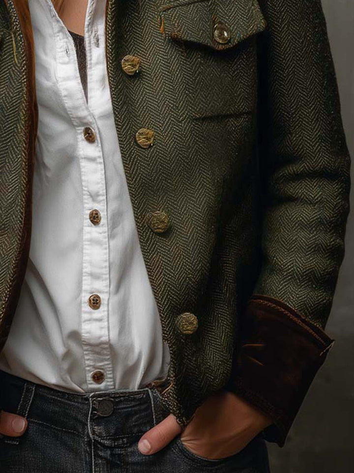 Dames Vintage Visgraat Blazer met Contrasterende Bies