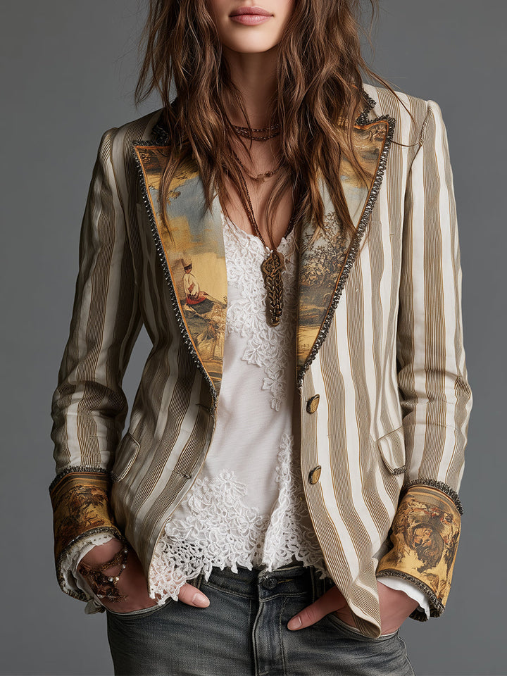 Boho Gestreepte Gebloemde Revers Blazer voor Dames
