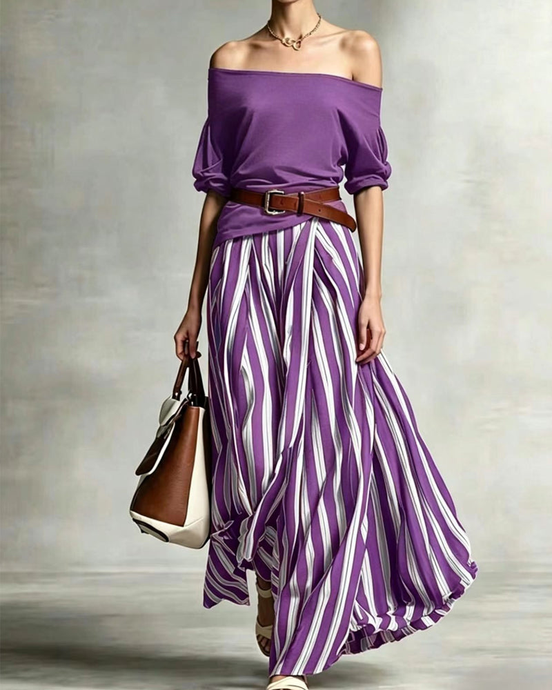 MADISON | Gestreept maxi-rokset met off-shoulder top