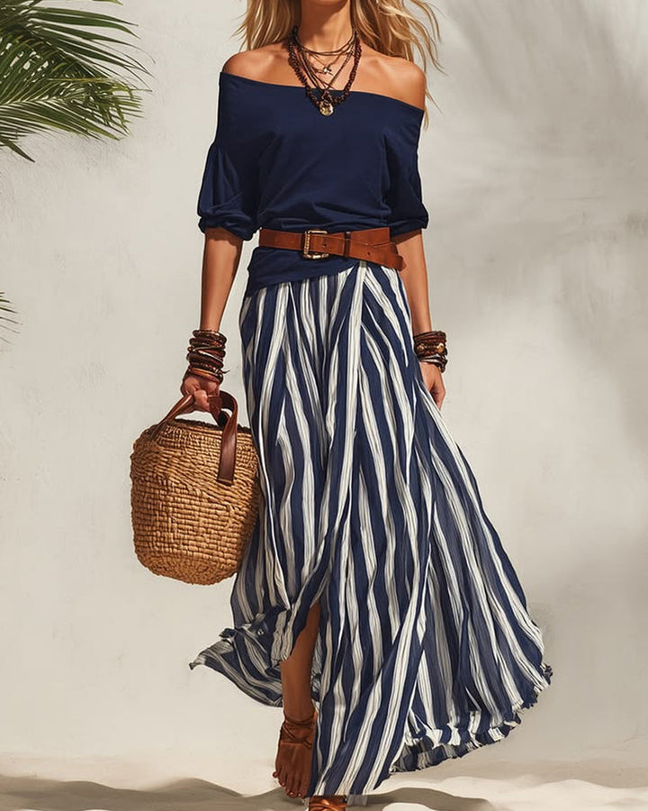MADISON | Gestreept maxi-rokset met off-shoulder top