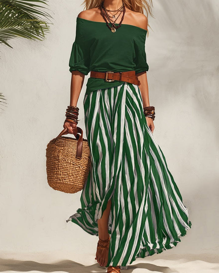 MADISON | Gestreept maxi-rokset met off-shoulder top