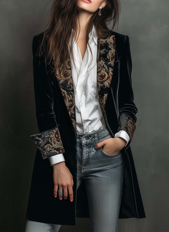 Dames Zwarte Blazer met Barokprint en Revers, Slim Fit
