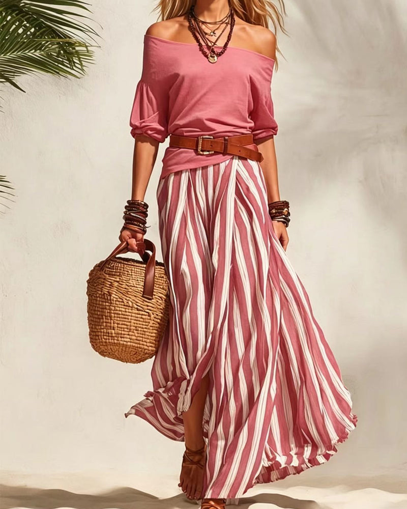 MADISON | Gestreept maxi-rokset met off-shoulder top