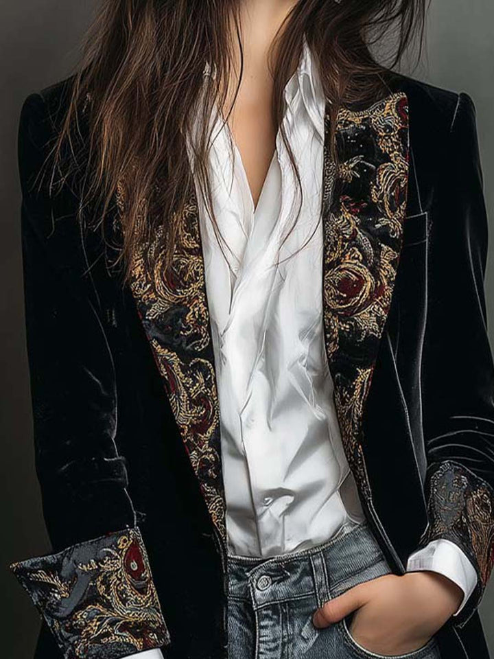 Dames Zwarte Blazer met Barokprint en Revers, Slim Fit