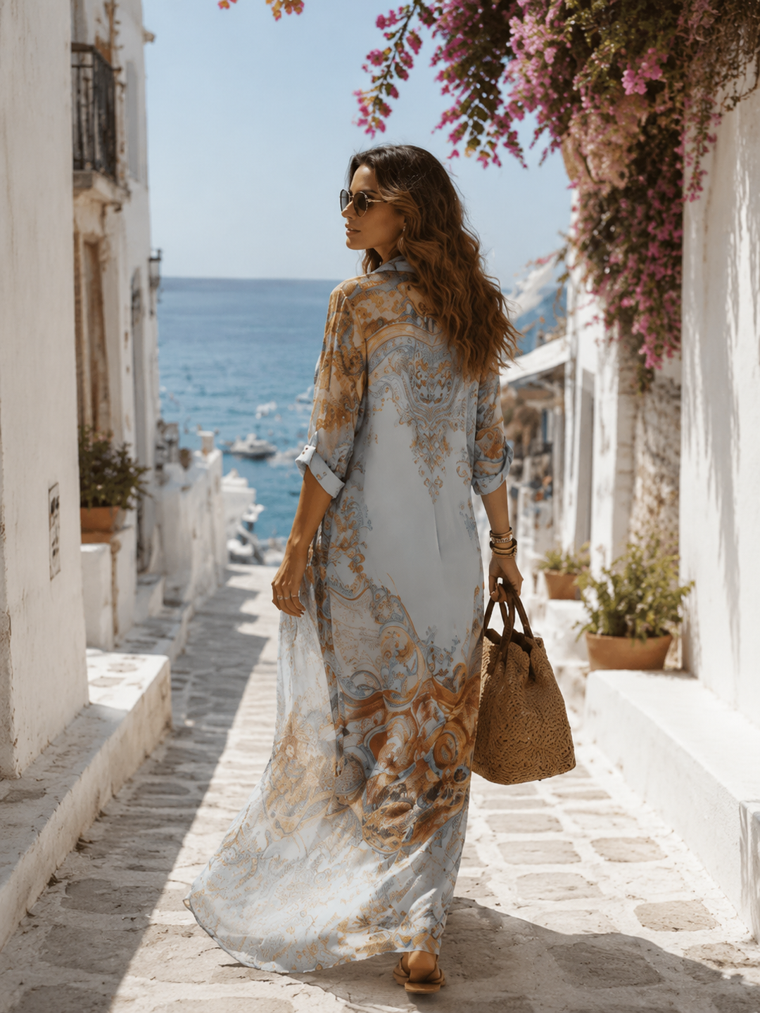 Barokke Stijl Bloemen Blauwe Chiffon Maxi Jurk