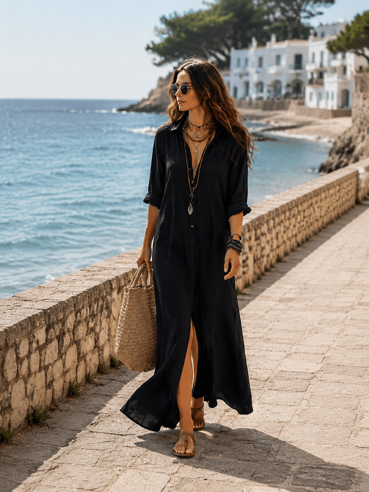 Zwarte Boho Maxi Jurk met Knoopsluiting