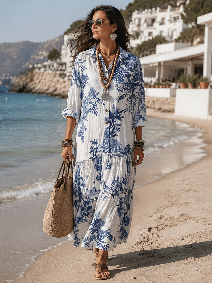 Bohemian Blauw Gebloemde Maxi-Jurk met Knoopsluiting