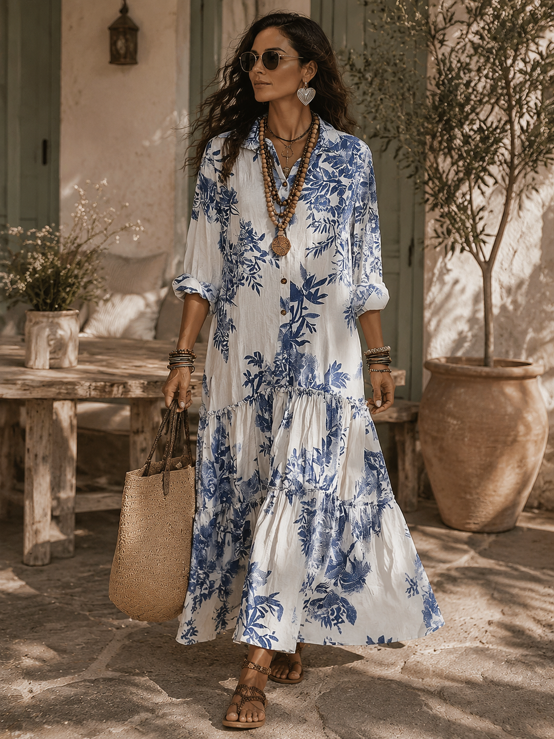 Bohemian Blauw Gebloemde Maxi-Jurk met Knoopsluiting