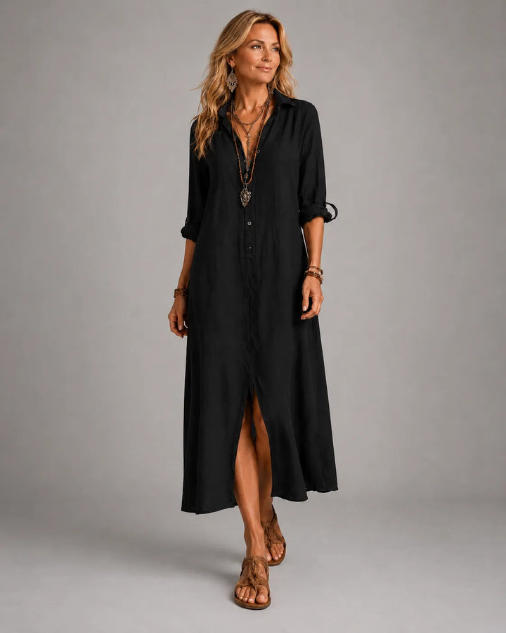 Zwarte Boho Maxi Jurk met Knoopsluiting
