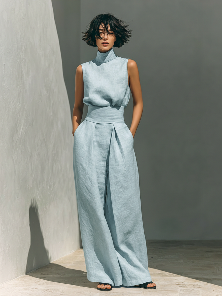 Dames minimalistische set met mouwloze blouse en wijde broek