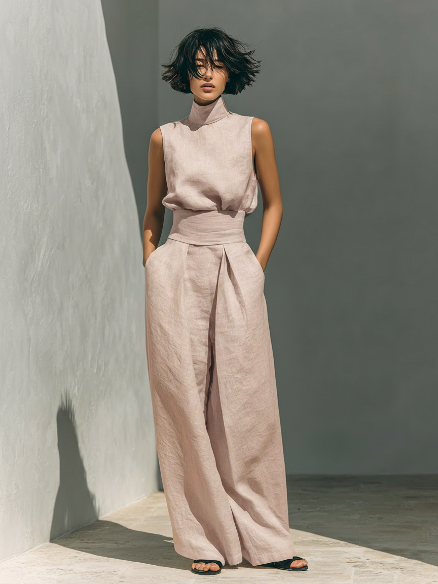 Dames minimalistische set met mouwloze blouse en wijde broek
