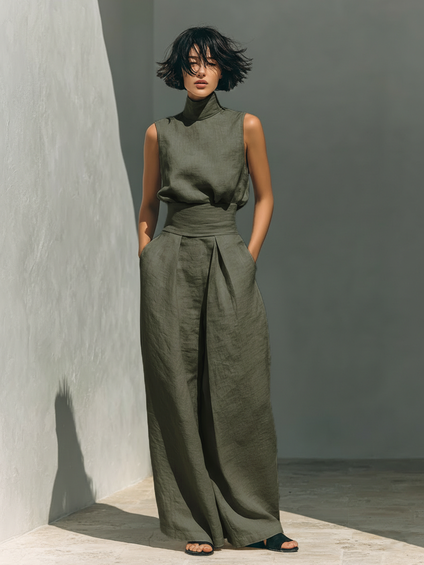 Dames minimalistische set met mouwloze blouse en wijde broek