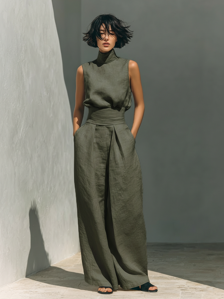 Dames minimalistische set met mouwloze blouse en wijde broek