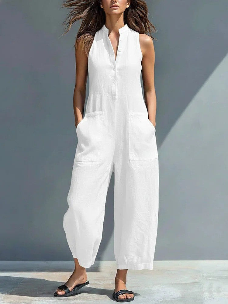 Harlow | Wijde Katoenen Jumpsuit met Knoopsluiting