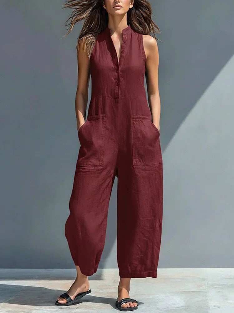 Harlow | Wijde Katoenen Jumpsuit met Knoopsluiting