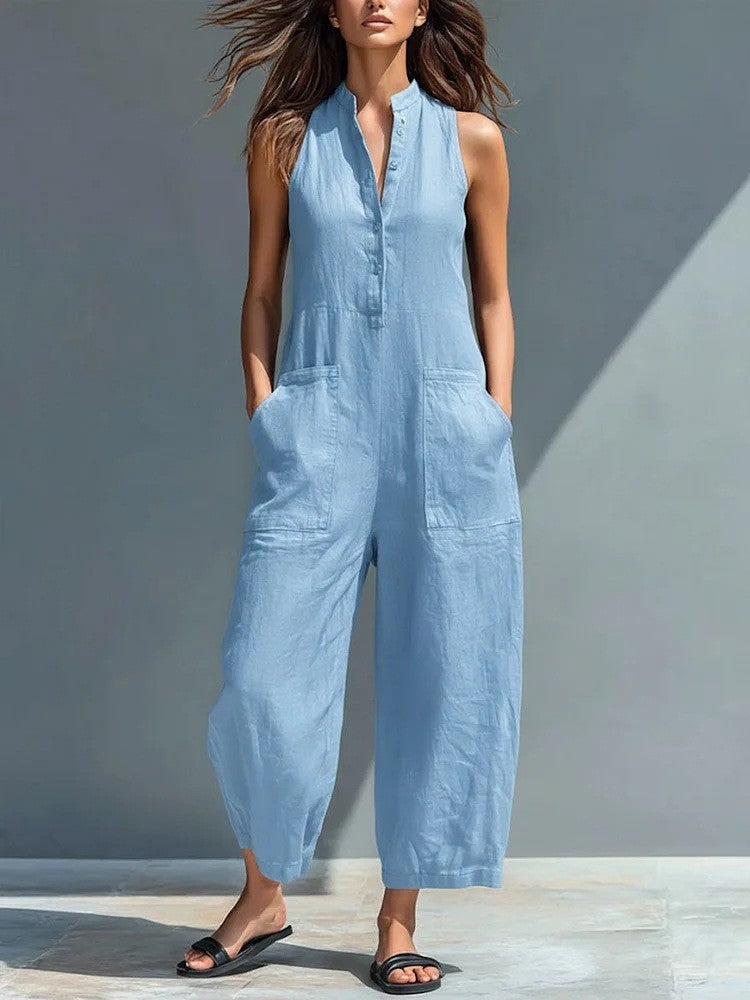 Harlow | Wijde Katoenen Jumpsuit met Knoopsluiting