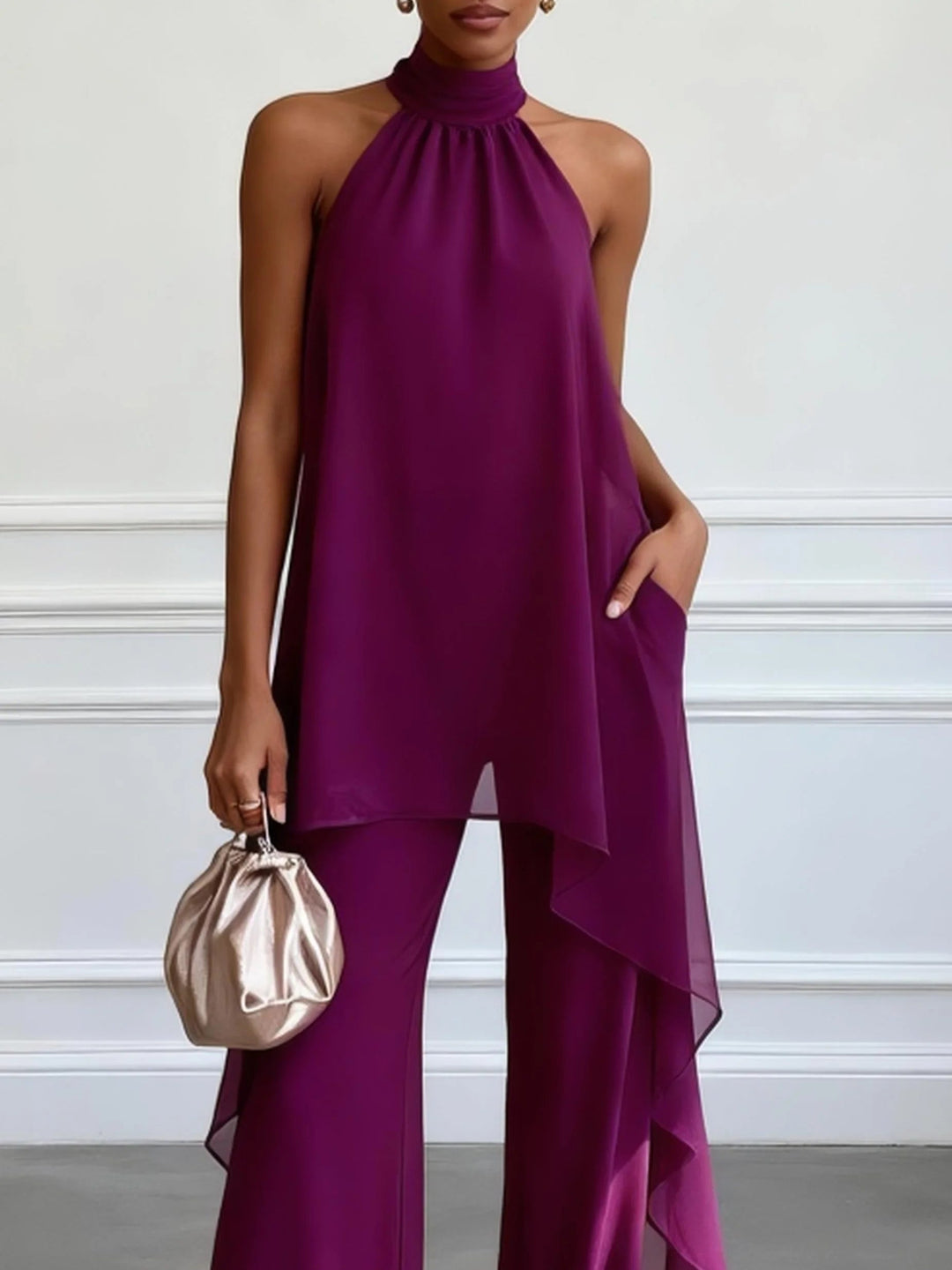 Paarse Halter Mouwloze Elegante Top Met Broek Tweedelige Set