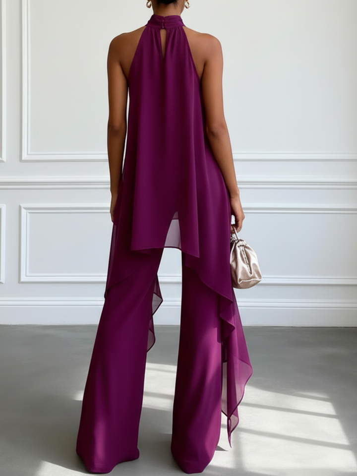 Paarse Halter Mouwloze Elegante Top Met Broek Tweedelige Set