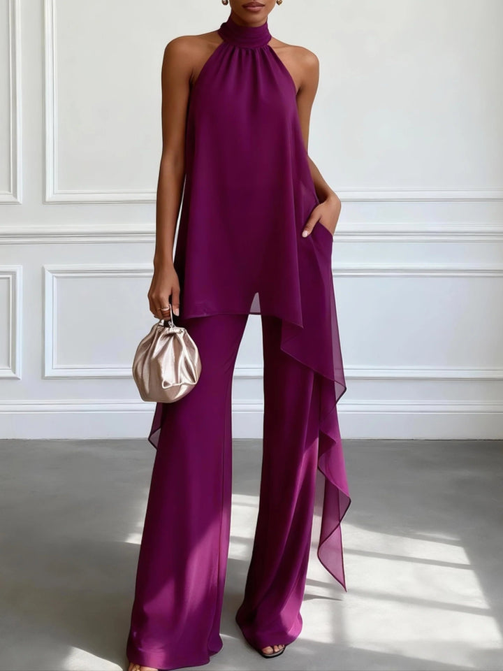 Paarse Halter Mouwloze Elegante Top Met Broek Tweedelige Set