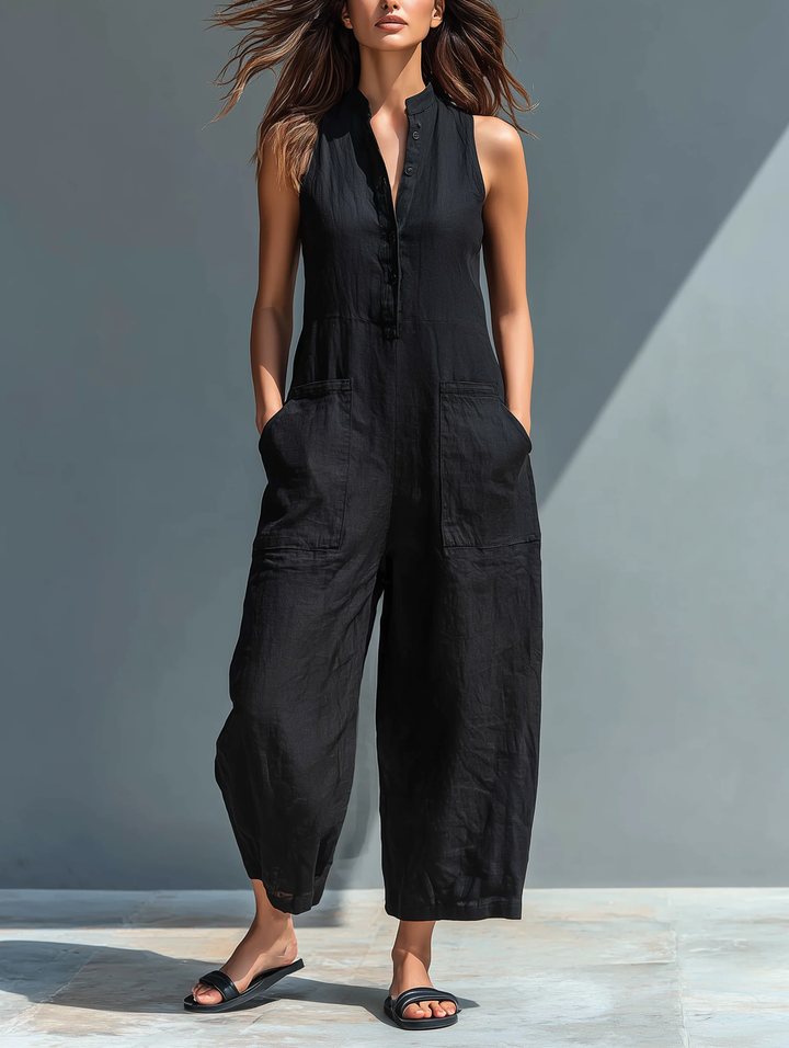 Harlow | Wijde Katoenen Jumpsuit met Knoopsluiting