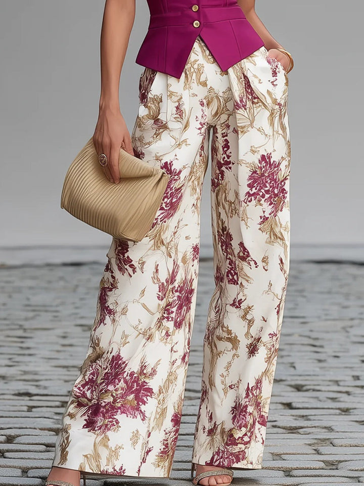 Roze Mouwloze Top En Gebloemde Broek Met Wijde Pijpen Set