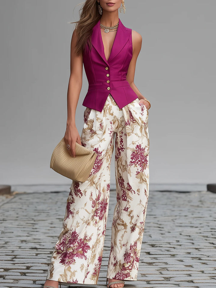 Roze Mouwloze Top En Gebloemde Broek Met Wijde Pijpen Set