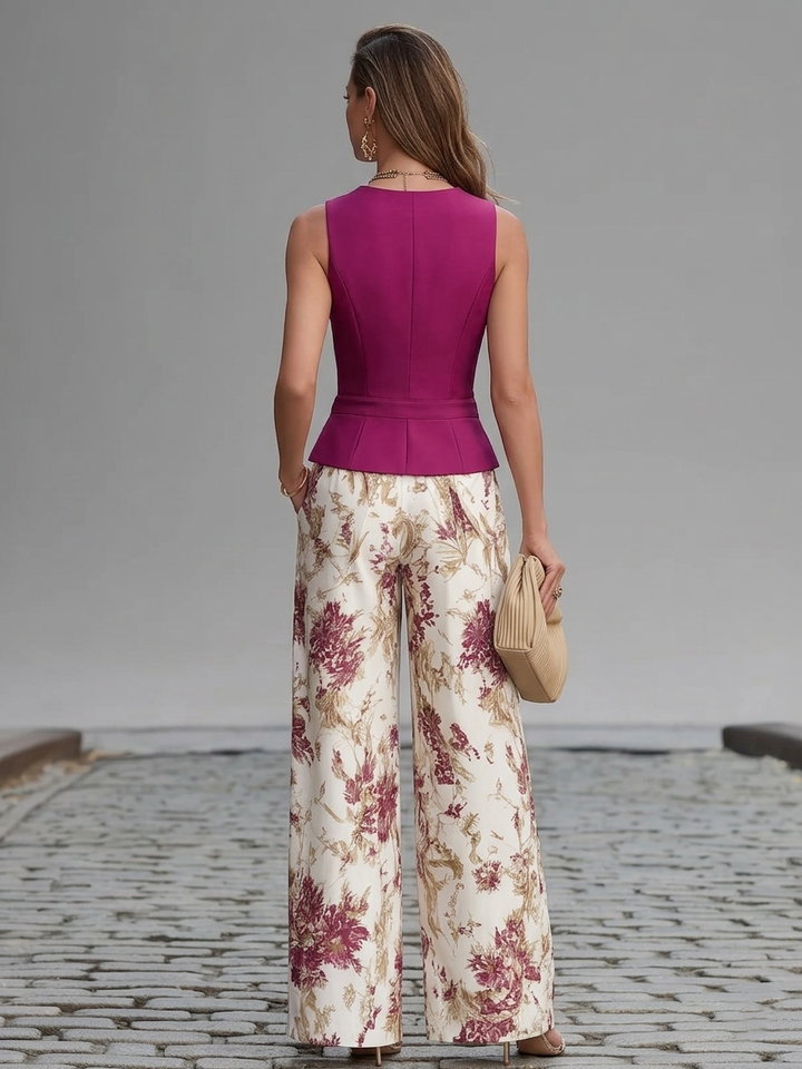 Roze Mouwloze Top En Gebloemde Broek Met Wijde Pijpen Set