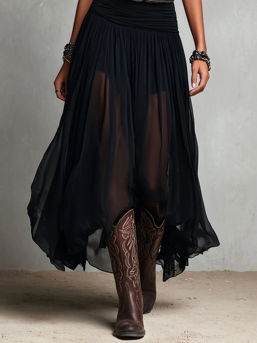 Zwarte mouwloze top met tule rok maxi-jurk (met riem)
