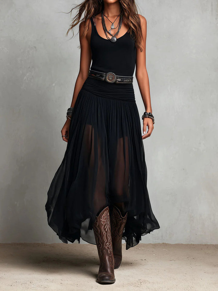 Zwarte mouwloze top met tule rok maxi-jurk (met riem)