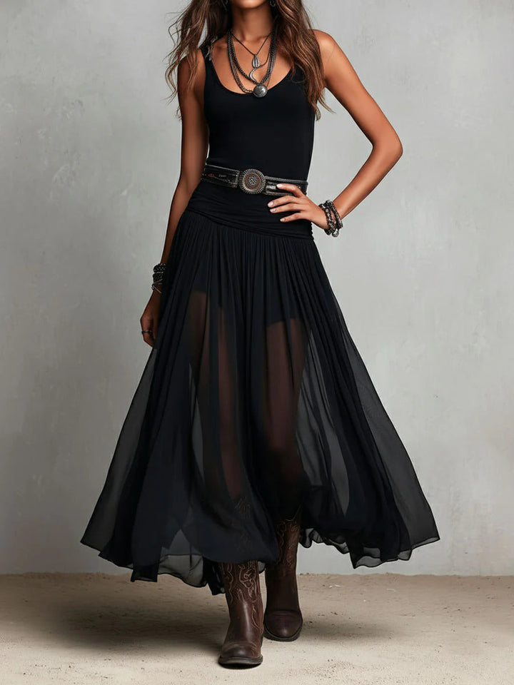Zwarte mouwloze top met tule rok maxi-jurk (met riem)