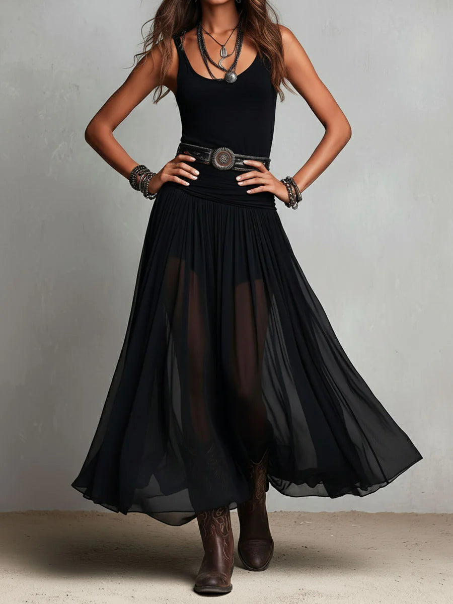 Zwarte mouwloze top met tule rok maxi-jurk (met riem)