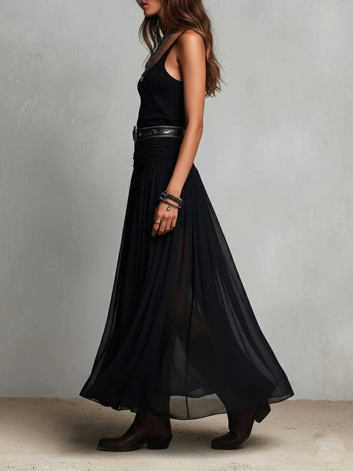 Zwarte mouwloze top met tule rok maxi-jurk (met riem)