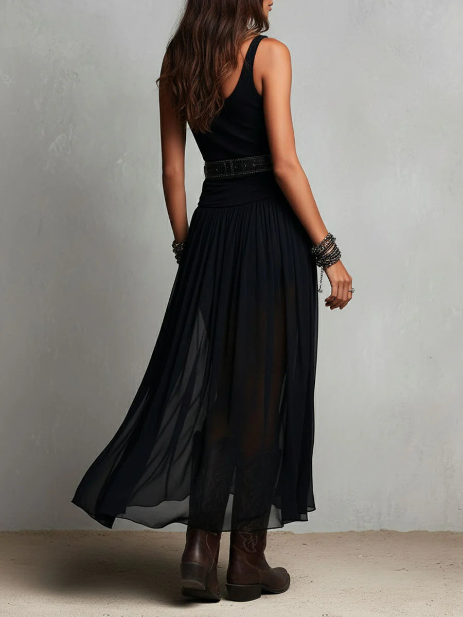 Zwarte mouwloze top met tule rok maxi-jurk (met riem)