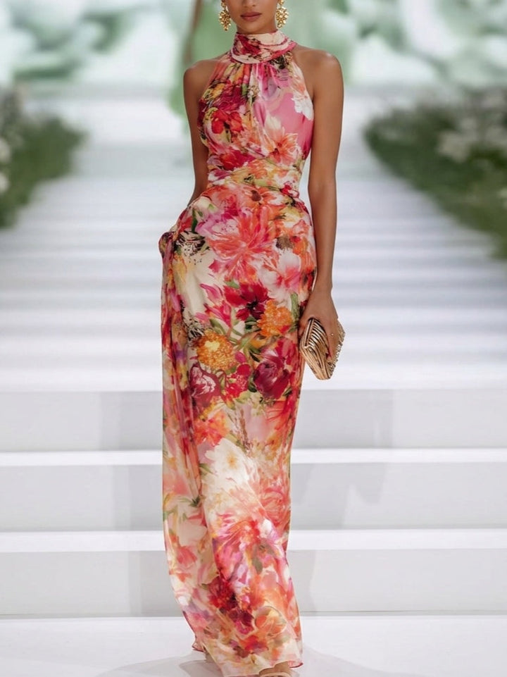 Rode Chiffon Bloemen Halterhals Mouwloze Maxi-jurk