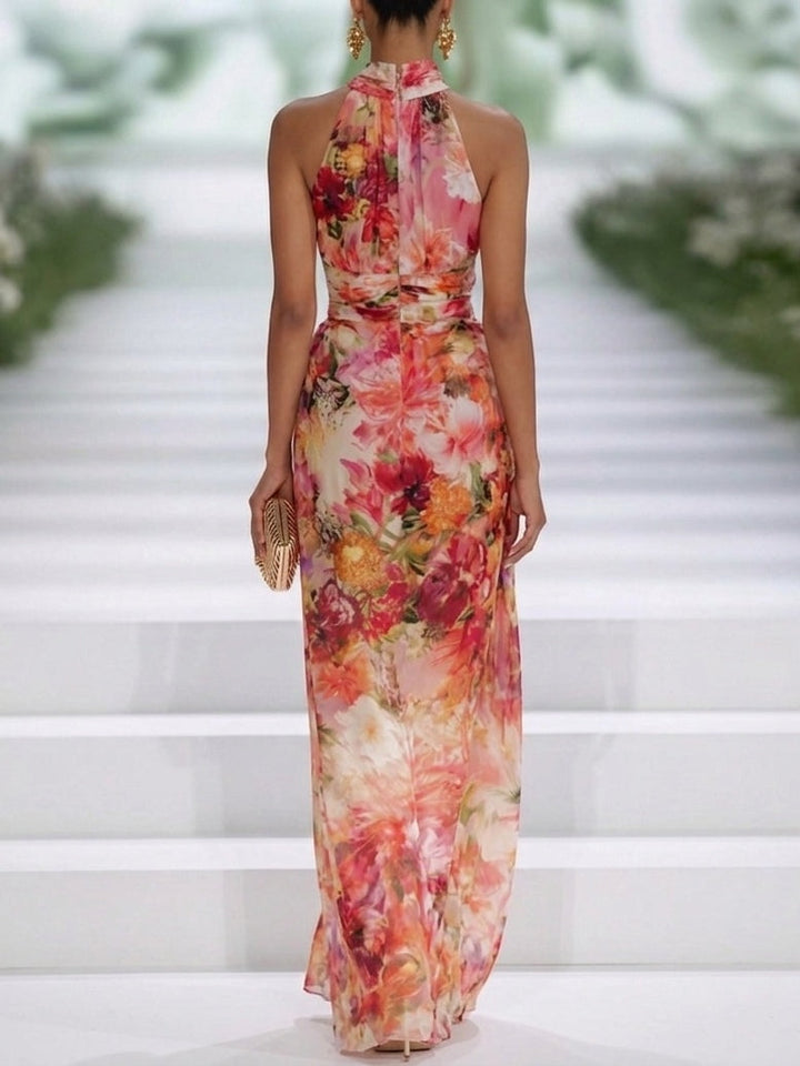 Rode Chiffon Bloemen Halterhals Mouwloze Maxi-jurk