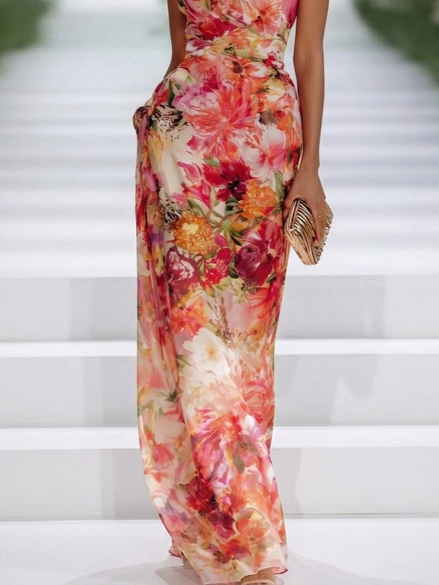 Rode Chiffon Bloemen Halterhals Mouwloze Maxi-jurk