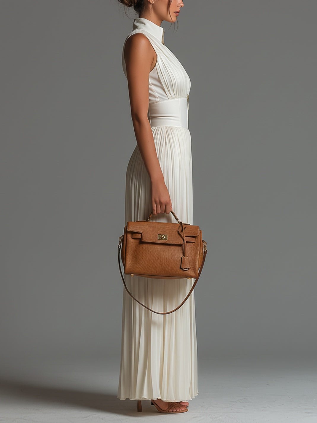 Witte mouwloze V-hals jumpsuit van chiffon met wijde pijpen, plooien en ritssluiting