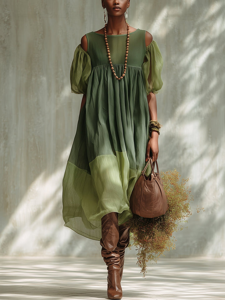 Groene Chiffon Off-Shoulder Midi-Jurk met Korte Mouwen